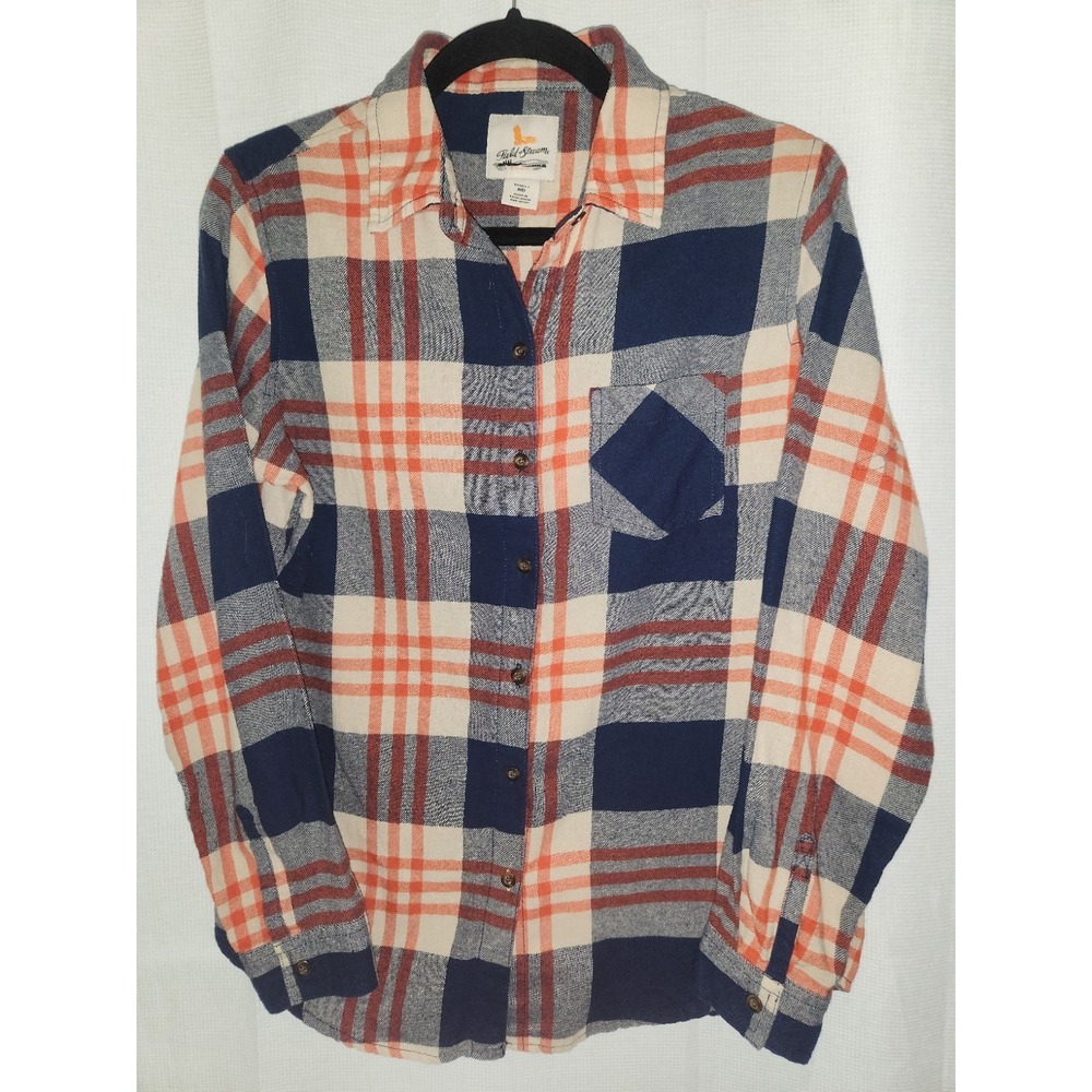 Field & Stream Plaid‎ Flannel Shirt Button Down Medium Blue Orange Women's M